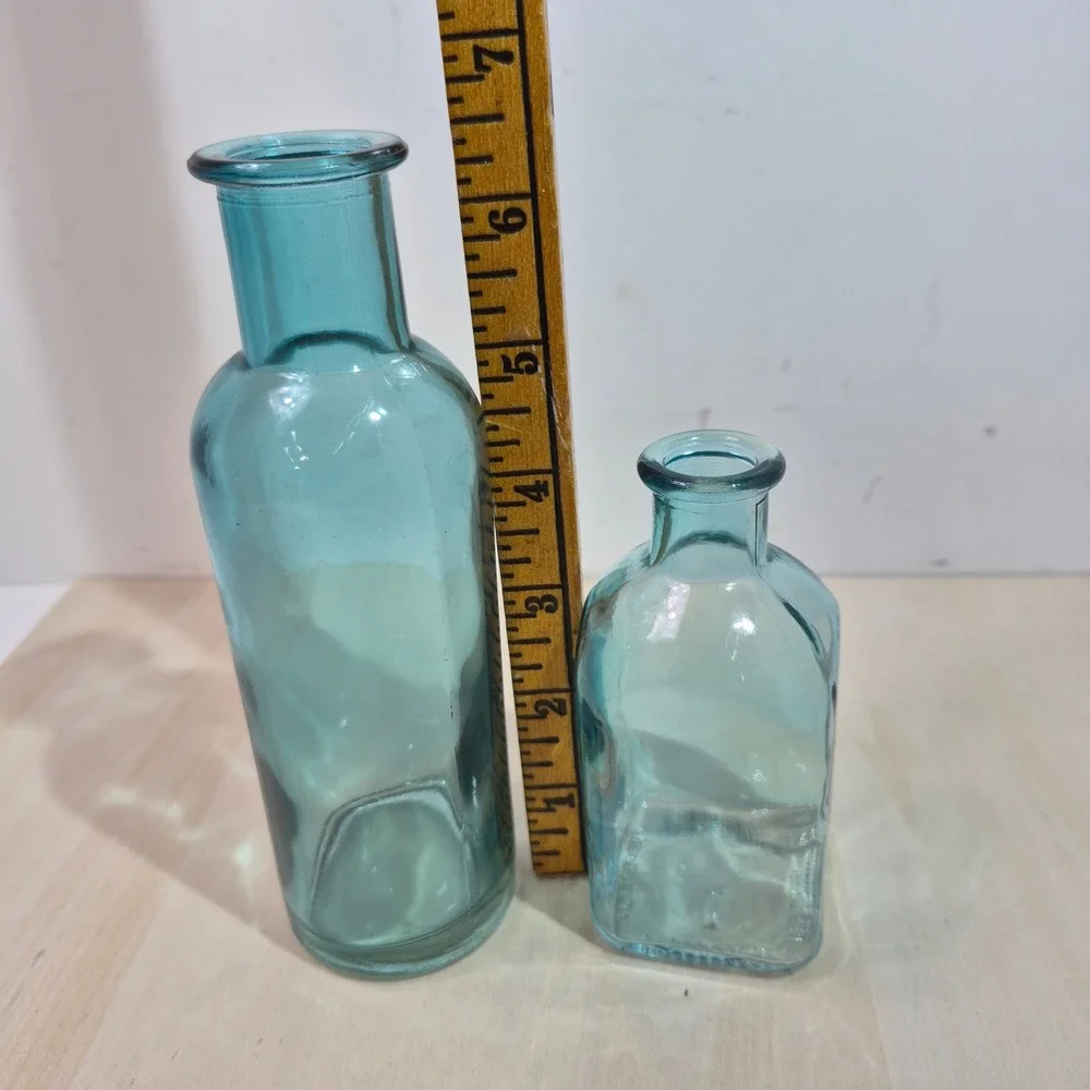 Vintage Aqua Blue Glass Bottles Set of 2 Apothecary Bud Vase Teal Glass